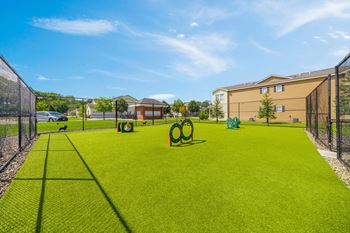 A dog park with a green surface and a fence.